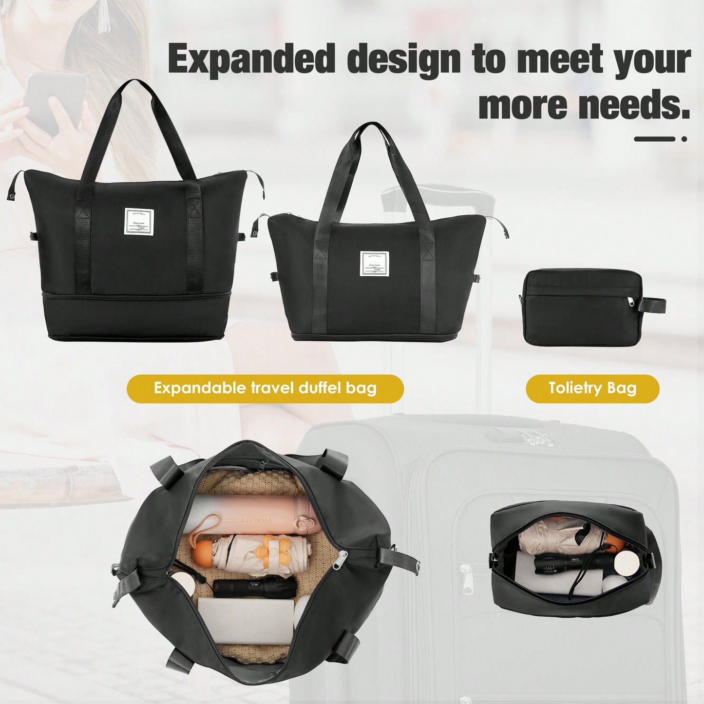 Expandable 3 Piece Softside Luggage Set With Lightweight Spinner Suitcase And Duffel Bag For Travel