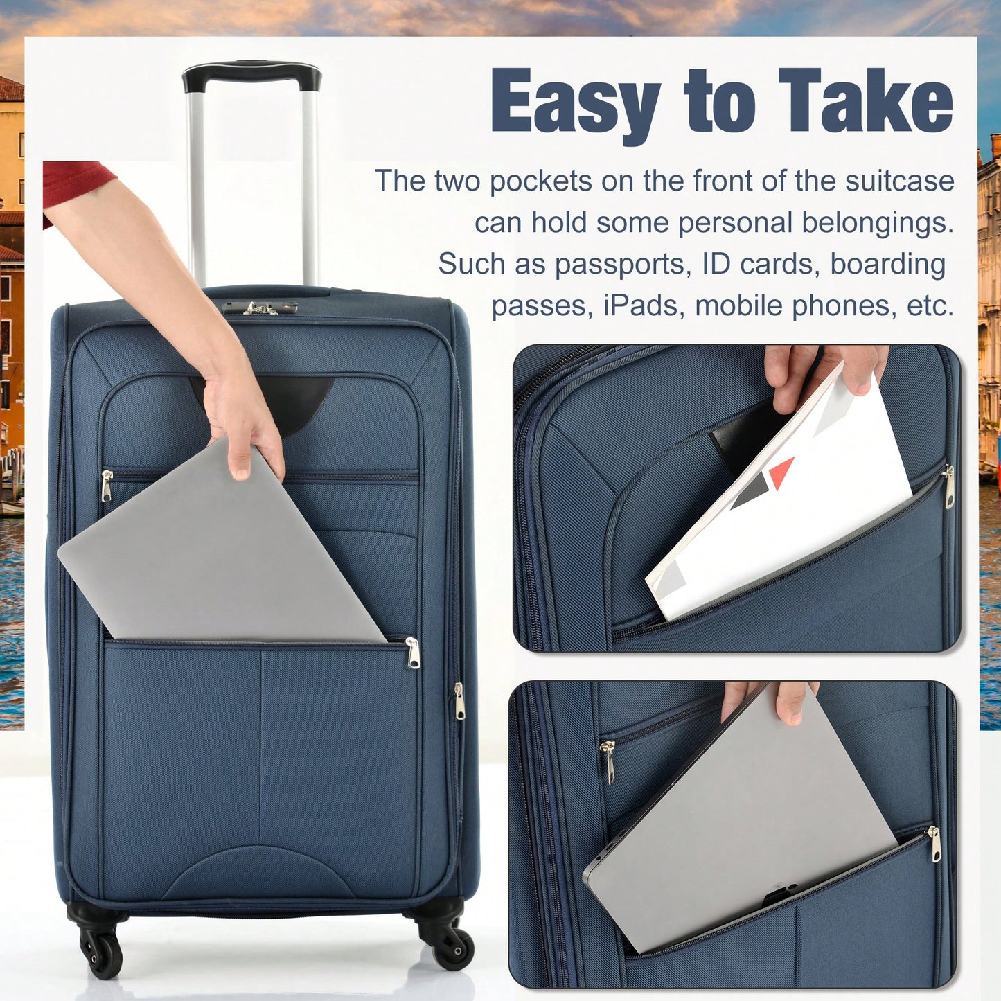 Expandable 3 Piece Softside Luggage Set With Lightweight Spinner Suitcase And Duffel Bag For Travel