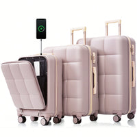 3 Piece Luggage Set 20 Inch With USB Port And Front Opening Design ABS Hard Shell With Spinner Wheels And Cup Holder In Pink