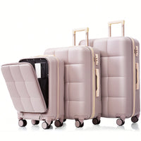 3 Piece Luggage Set 20 Inch With USB Port And Front Opening Design ABS Hard Shell With Spinner Wheels And Cup Holder In Pink