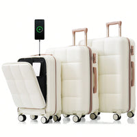 3 Piece Luggage Set 20 Inch With USB Port And Front Opening Design ABS Hard Shell With Spinner Wheels And Cup Holder In Pink