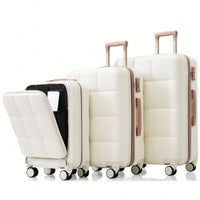 3 Piece Luggage Set 20 Inch With USB Port And Front Opening Design ABS Hard Shell With Spinner Wheels And Cup Holder In Pink