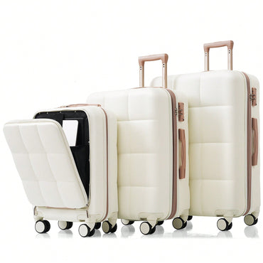3 Piece Luggage Set 20 Inch With USB Port And Front Opening Design ABS Hard Shell With Spinner Wheels And Cup Holder In Pink