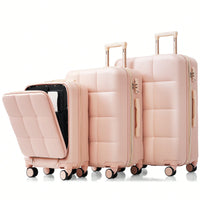 3 Piece Luggage Set 20 Inch With USB Port And Front Opening Design ABS Hard Shell With Spinner Wheels And Cup Holder In Pink