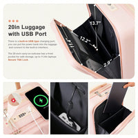 3 Piece Luggage Set 20 Inch With USB Port And Front Opening Design ABS Hard Shell With Spinner Wheels And Cup Holder In Pink