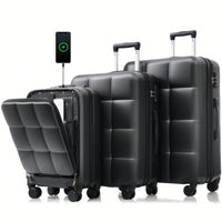 3 Piece Luggage Set 20 Inch With USB Port And Front Opening Design ABS Hard Shell With Spinner Wheels And Cup Holder In Pink