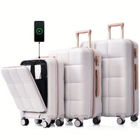 3 Piece Luggage Set 20 Inch With USB Port And Front Opening Design ABS Hard Shell With Spinner Wheels And Cup Holder In Pink