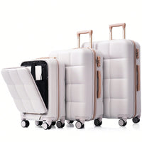 3 Piece Luggage Set 20 Inch With USB Port And Front Opening Design ABS Hard Shell With Spinner Wheels And Cup Holder In Pink