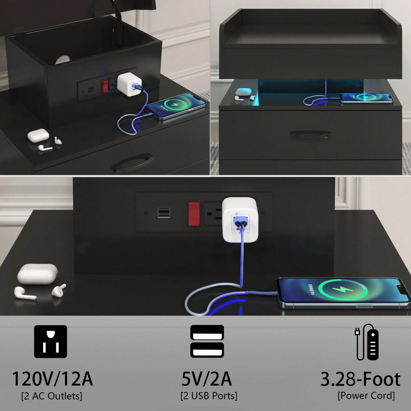 Adjustable LED Strip Light Nightstand With 2 Drawers And Ample Storage For Bedside, Coffee, Sofa, Or Study Desk