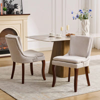 Double Layer Cushioned Chenille Upholstered Dining Chairs Set of 2 Mid Back Curved Solid Wood Legs Living Room Dining Room Beige