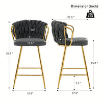 Modern High Stool With Gold Plated Legs Dark Grey Linen Bar Chairs For Kitchen Dining Cafe Restaurant Set Of 2
