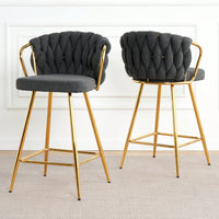 Modern High Stool With Gold Plated Legs Dark Grey Linen Bar Chairs For Kitchen Dining Cafe Restaurant Set Of 2