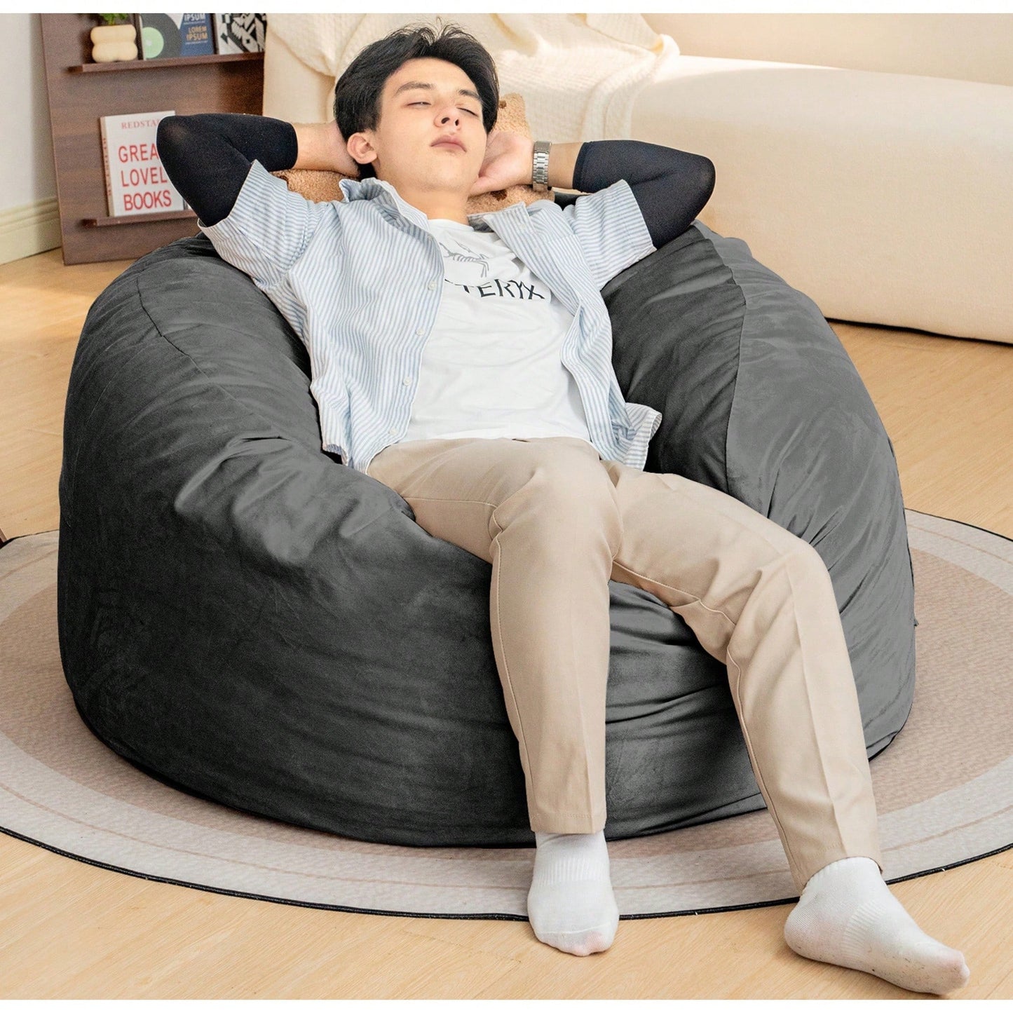 Luxurious 4-Foot Velvet Bean Bag Chair with Soft Fur and Memory Foam for Adults Plush Lazy Sofa with Removable Fluffy Sponge