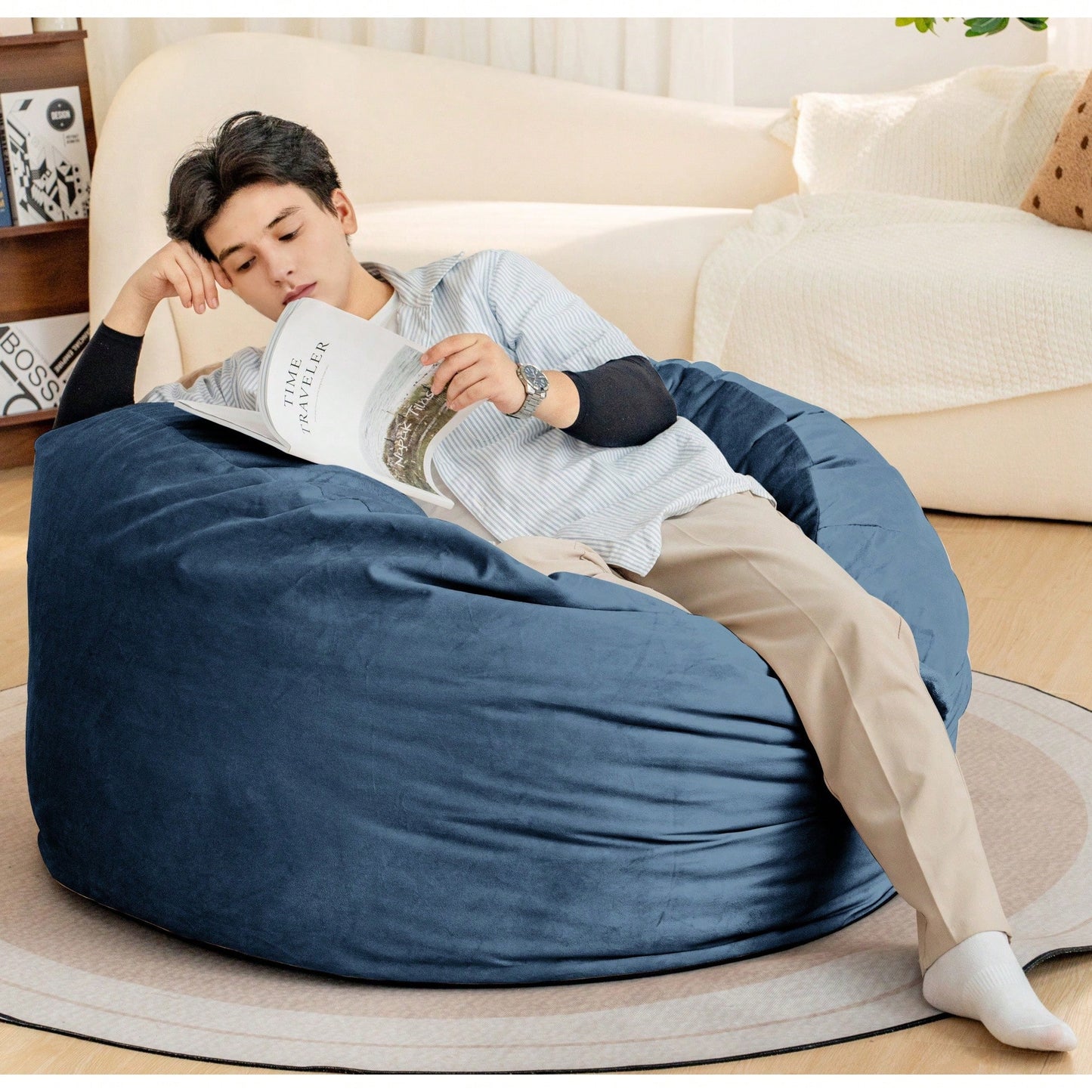 Luxurious 4-Foot Velvet Bean Bag Chair with Soft Fur and Memory Foam for Adults Plush Lazy Sofa with Removable Fluffy Sponge