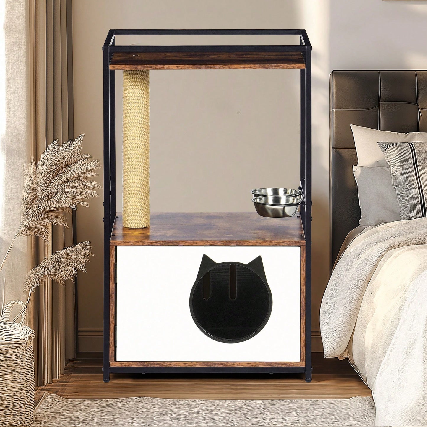 Multifunctional Indoor Cat Tree With Feeding Station And Scratching Posts, Stylish White And Vintage Design For Small Cats