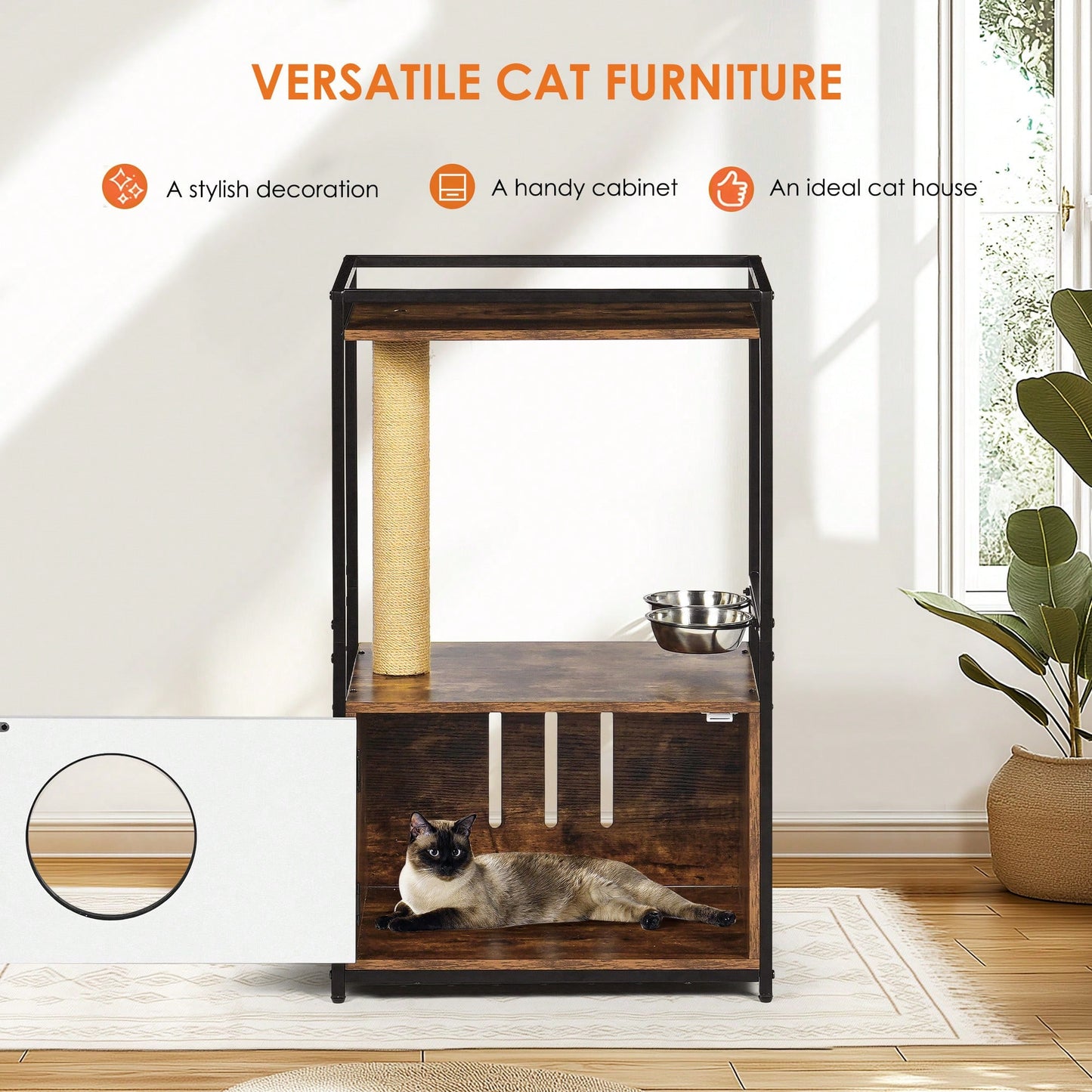 Multifunctional Indoor Cat Tree With Feeding Station And Scratching Posts, Stylish White And Vintage Design For Small Cats