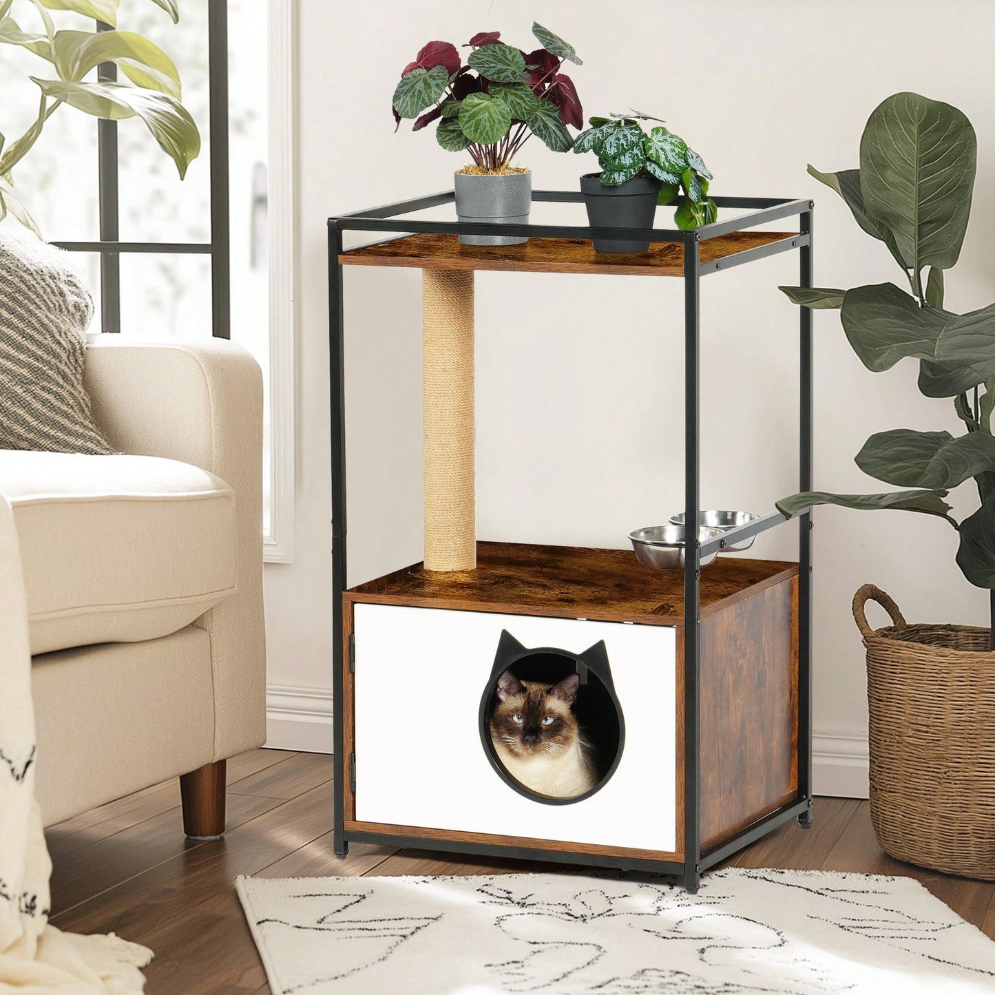 Multifunctional Indoor Cat Tree With Feeding Station And Scratching Posts, Stylish White And Vintage Design For Small Cats