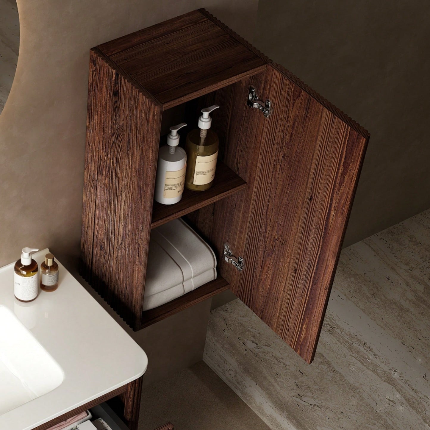 14 Inch Wall-Mounted Floating Striped Bathroom Side Cabinet With Door And Shelf In Retro Walnut Finish