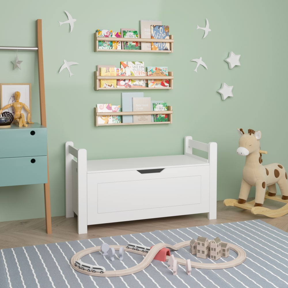 Rubber Wood Toy Storage Chest With Flip-Top Lid And Safety Hinge For Nursery And Playroom Organization