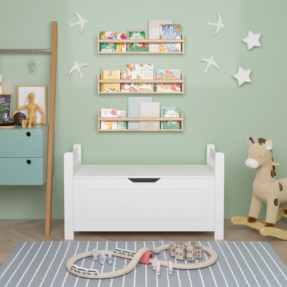 Rubber Wood Toy Storage Chest With Flip-Top Lid And Safety Hinge For Nursery And Playroom Organization