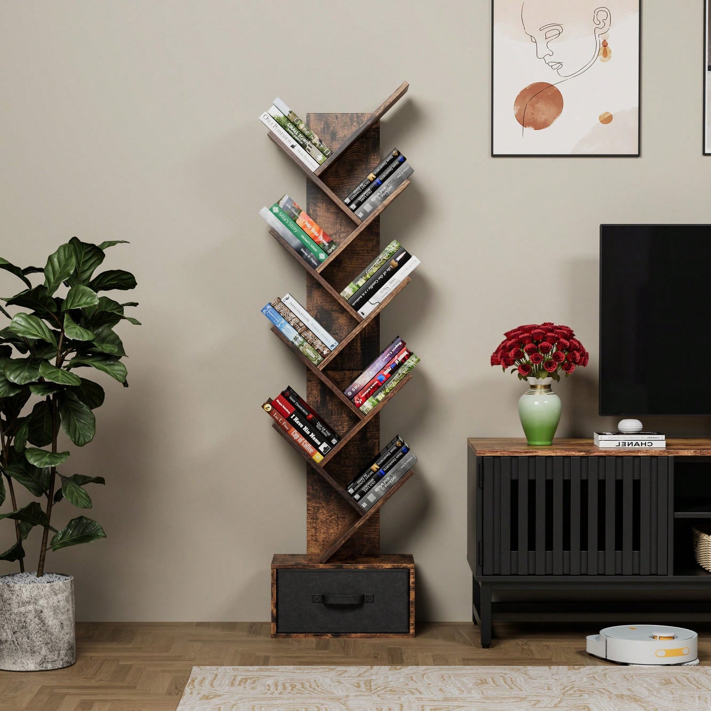 9 Tier Tree-Shaped Bookcase with Drawer Modern Free Standing Bookshelf for Home Office Living Room Bedroom Rustic Brown Organizer