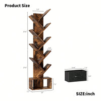 9 Tier Tree-Shaped Bookcase with Drawer Modern Free Standing Bookshelf for Home Office Living Room Bedroom Rustic Brown Organizer