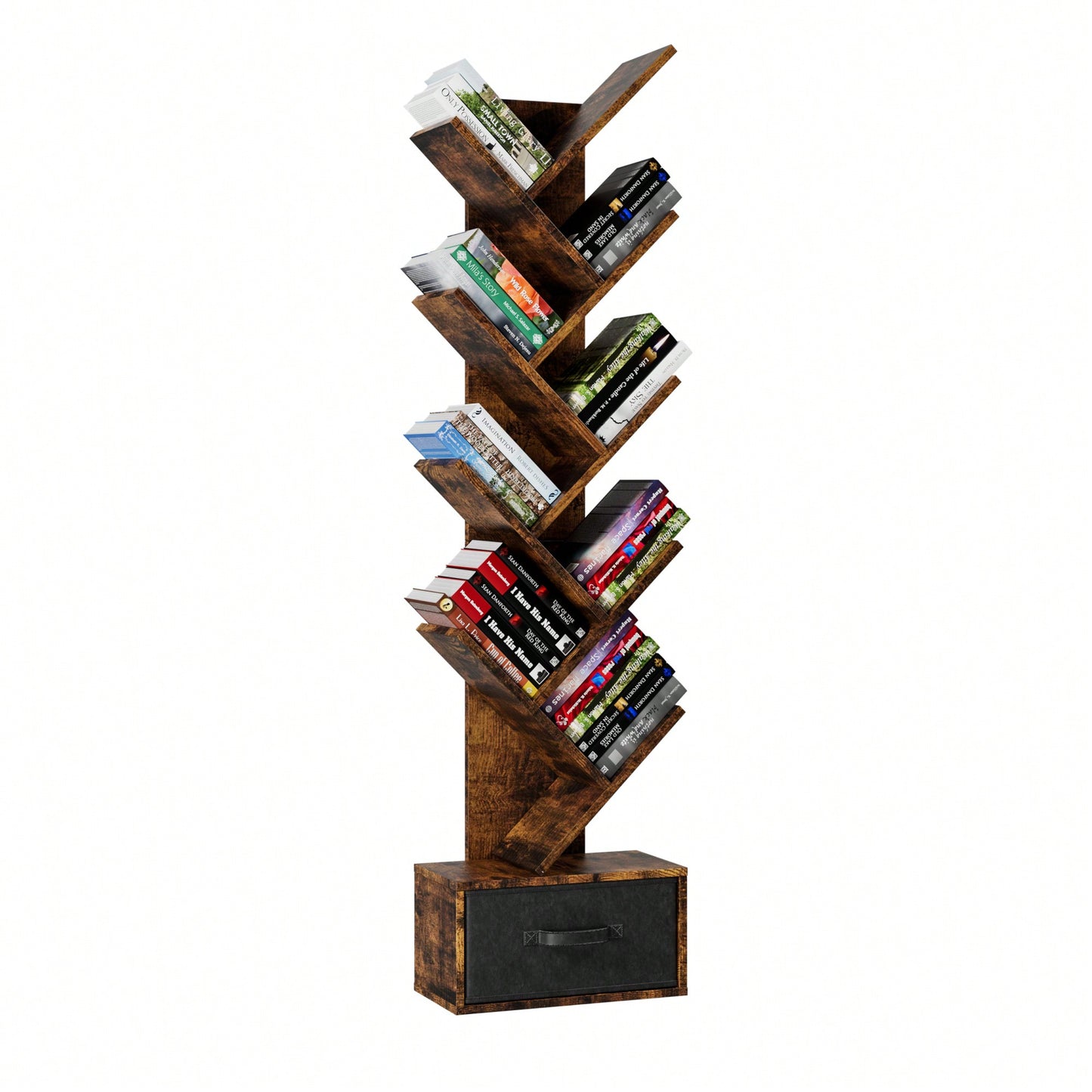 9 Tier Tree-Shaped Bookcase with Drawer Modern Free Standing Bookshelf for Home Office Living Room Bedroom Rustic Brown Organizer