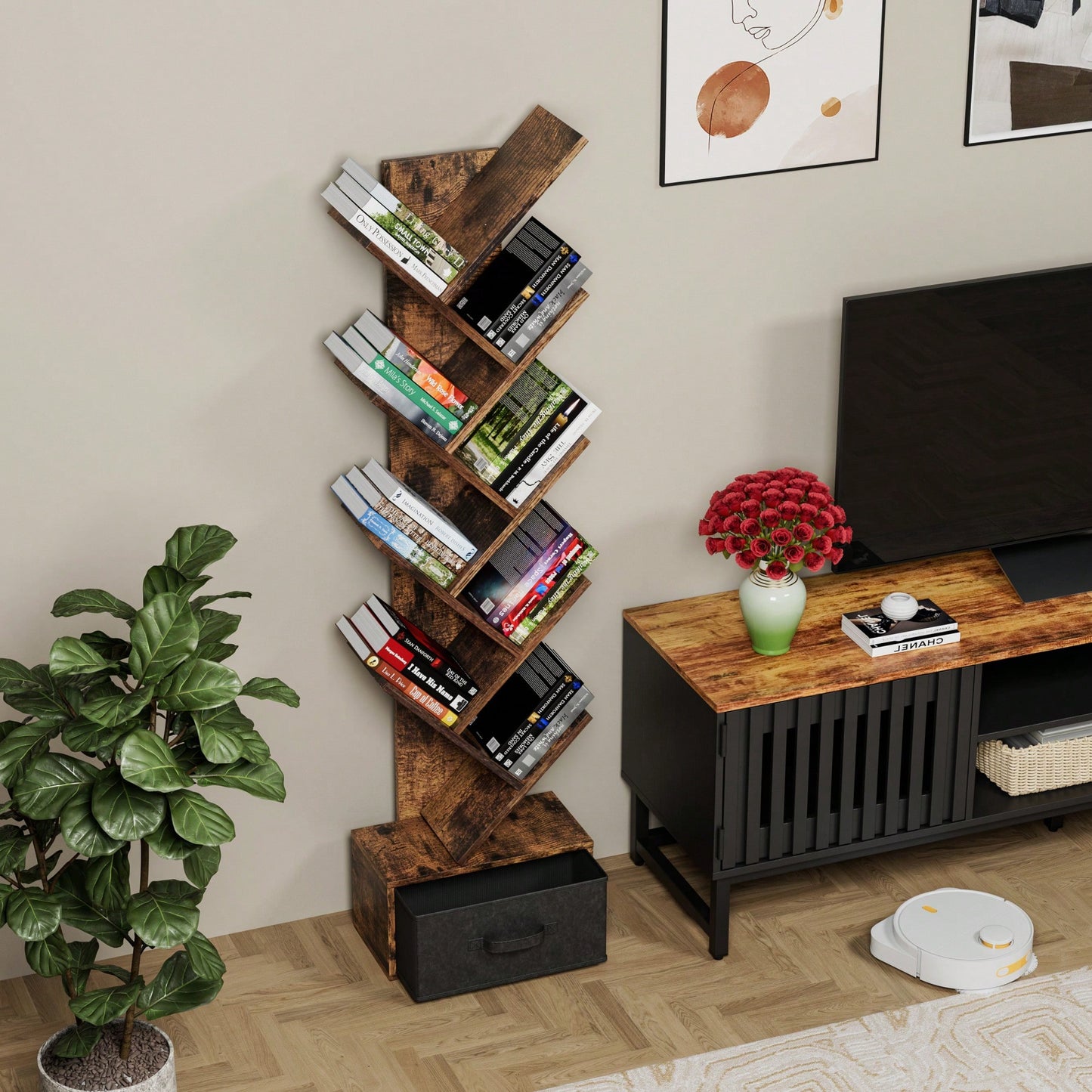 9 Tier Tree-Shaped Bookcase with Drawer Modern Free Standing Bookshelf for Home Office Living Room Bedroom Rustic Brown Organizer