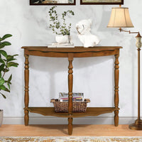 42 Inch Retro Half-Moon Console Table With Cloud Design Top And Open Shelf Solid Wood Frame And Legs In Brown