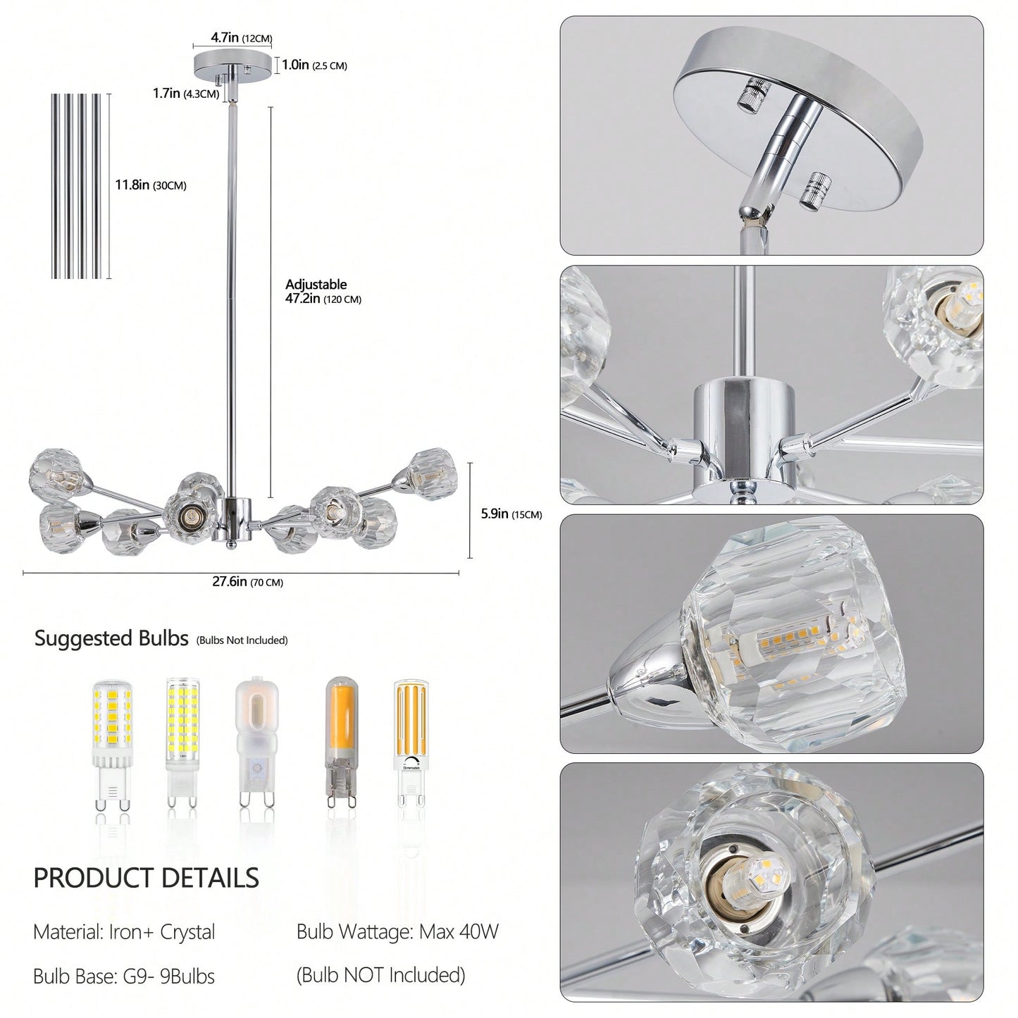 Elegant 9-Light Golden Crystal Chandelier For Living Room Dining Room Bedroom Kitchen Lighting Fixtures