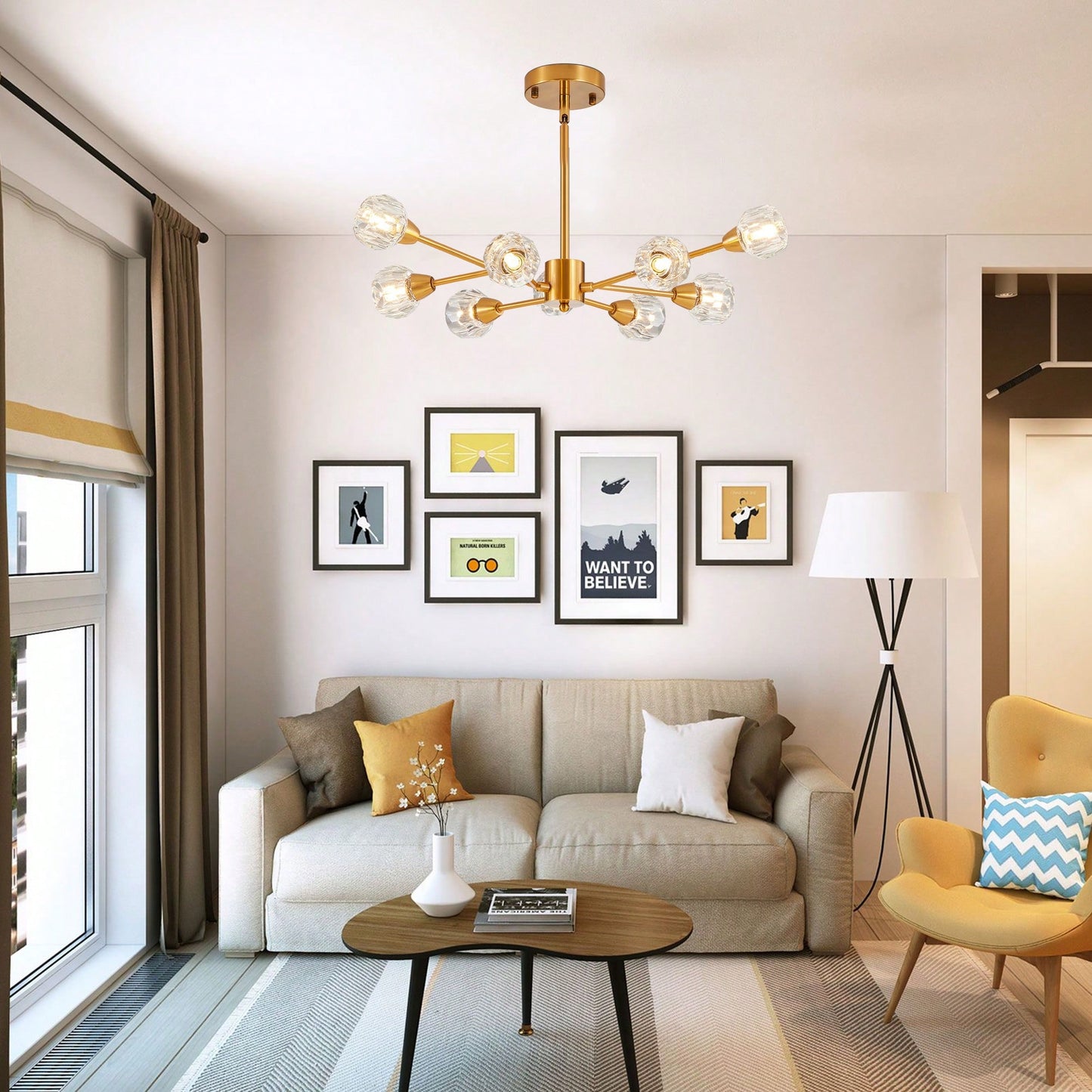 Elegant 9-Light Golden Crystal Chandelier For Living Room Dining Room Bedroom Kitchen Lighting Fixtures