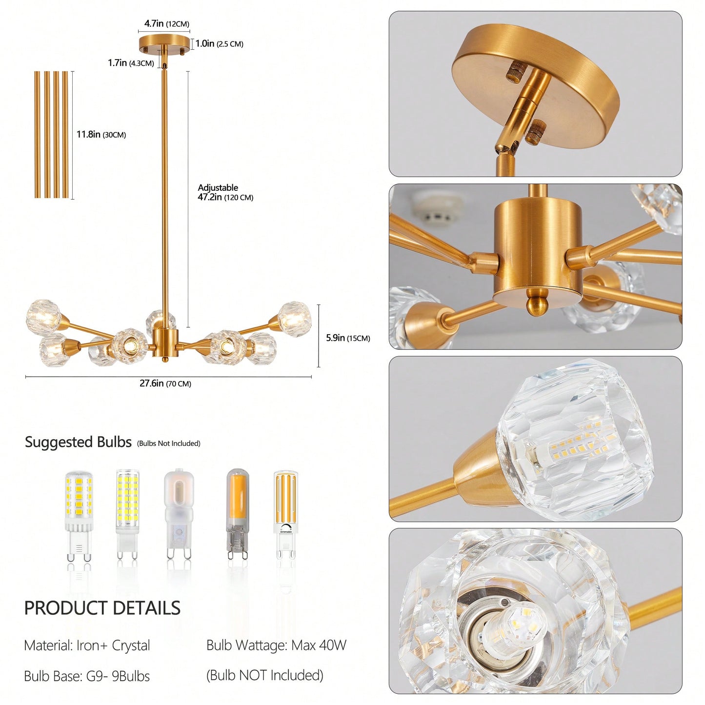 Elegant 9-Light Golden Crystal Chandelier For Living Room Dining Room Bedroom Kitchen Lighting Fixtures