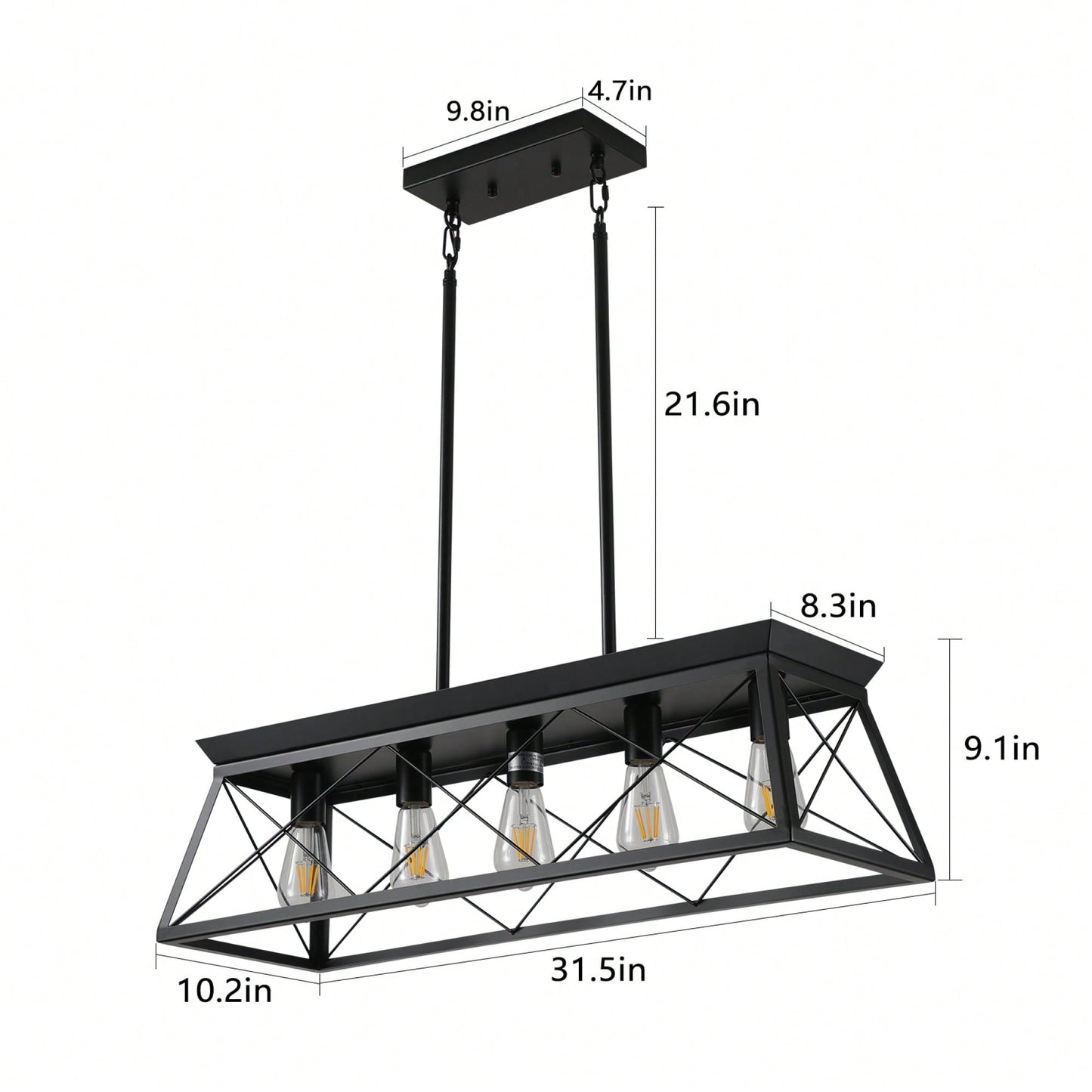 5-Light Rustic Farmhouse Pendant Chandelier Modern Metal Rectangular Island Light Fixture for Dining Room Kitchen Living Room Pure Black