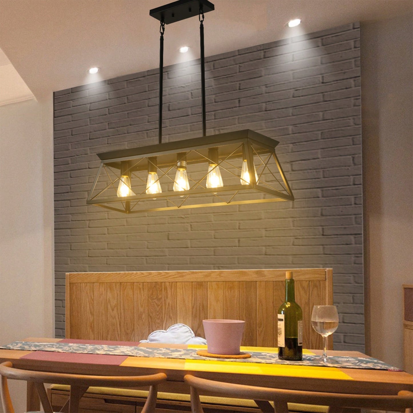 5-Light Rustic Farmhouse Pendant Chandelier Modern Metal Rectangular Island Light Fixture for Dining Room Kitchen Living Room Pure Black