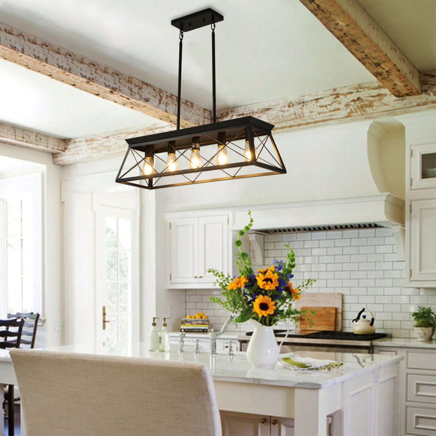 5-Light Rustic Farmhouse Pendant Chandelier Modern Metal Rectangular Island Light Fixture for Dining Room Kitchen Living Room Pure Black