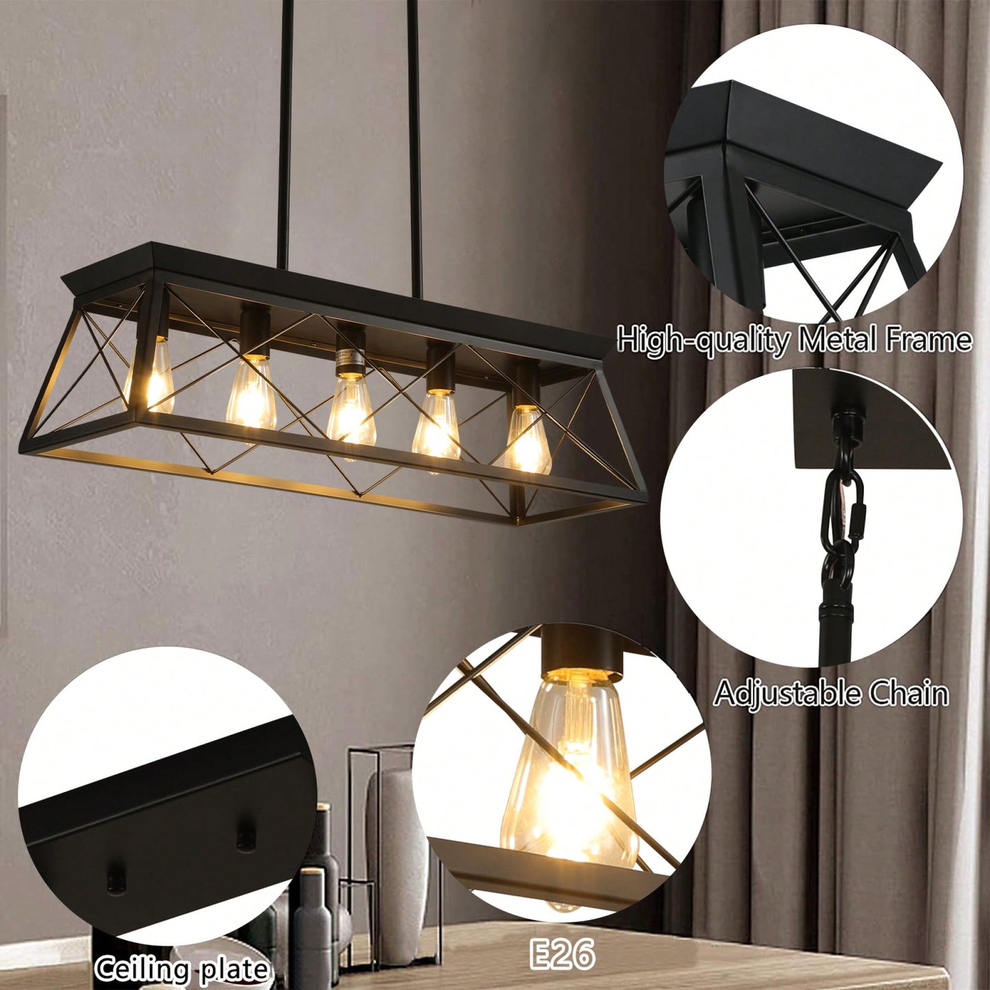 5-Light Rustic Farmhouse Pendant Chandelier Modern Metal Rectangular Island Light Fixture for Dining Room Kitchen Living Room Pure Black