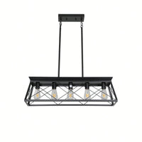 5-Light Rustic Farmhouse Pendant Chandelier Modern Metal Rectangular Island Light Fixture for Dining Room Kitchen Living Room Pure Black