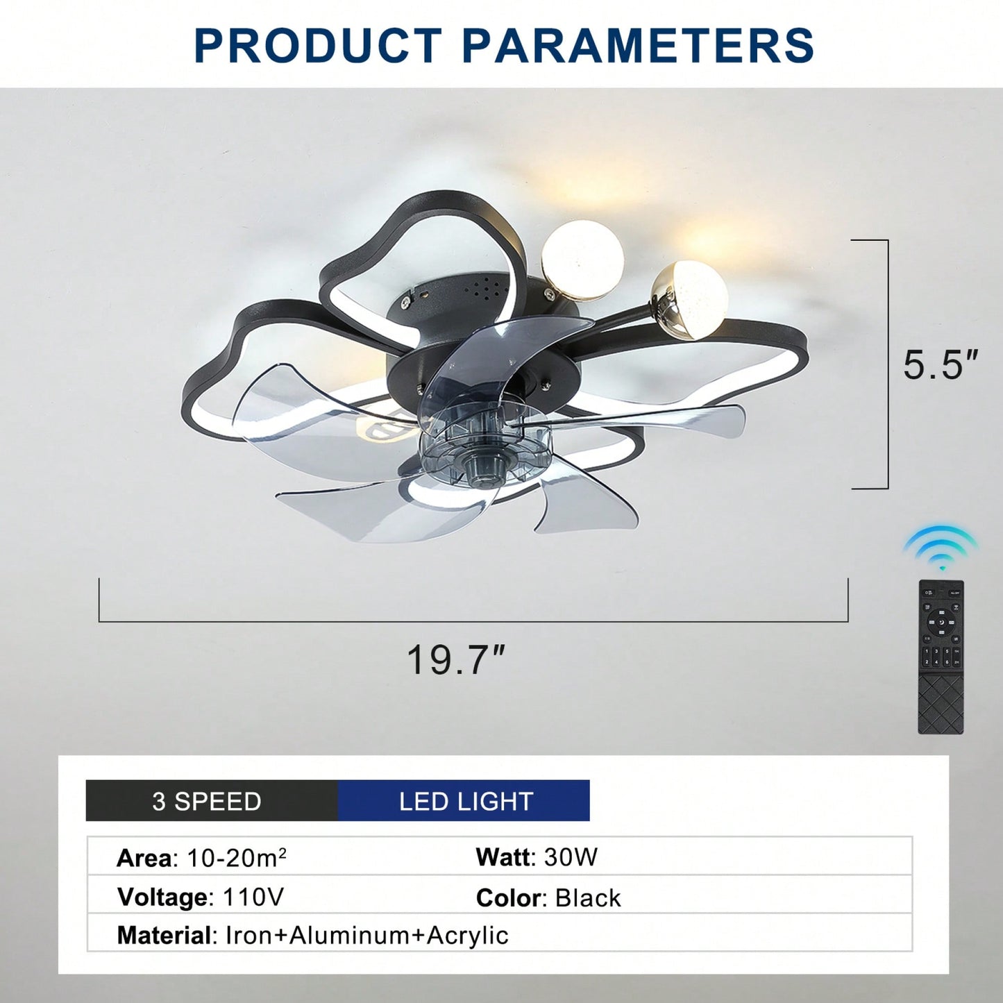 19.7 Inch Modern Butterfly Ceiling Fan with Lights Remote Control Noiseless Timing Function Ideal for Bedroom Living Room Kids