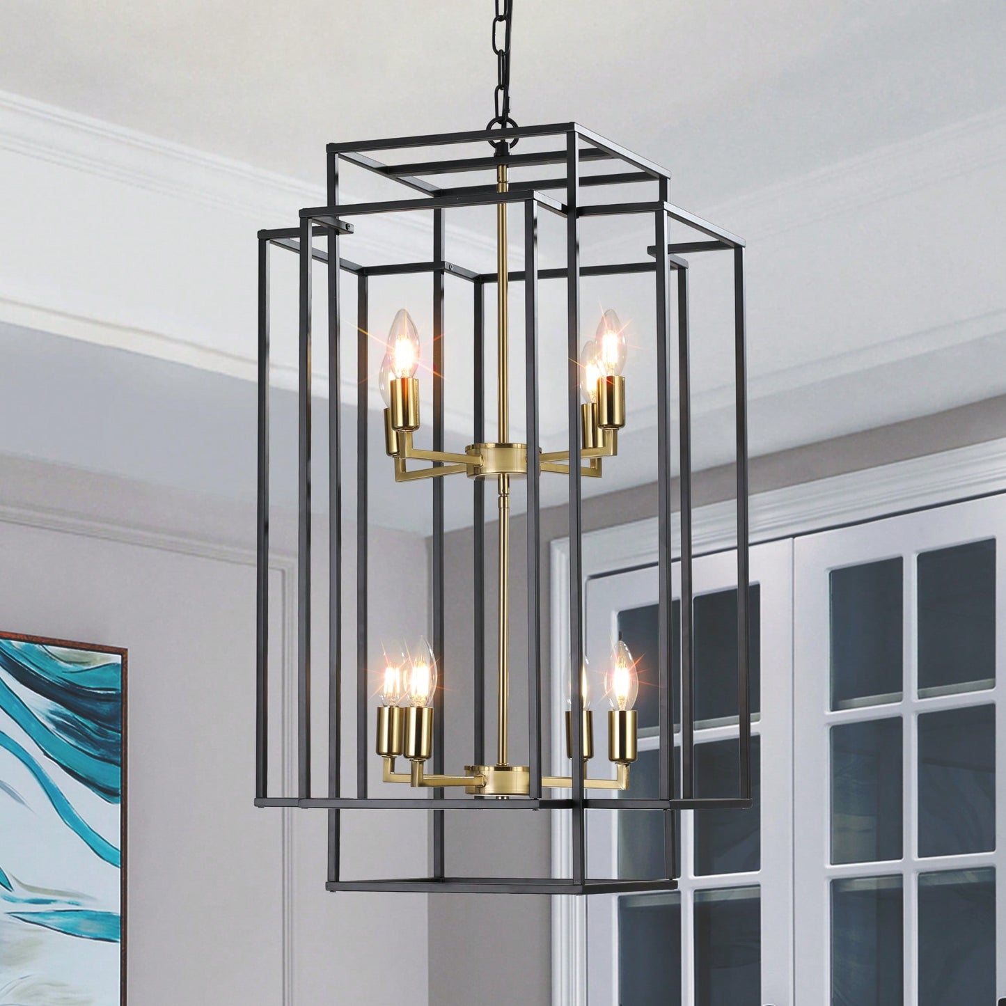 8-Light Black Tiered Lantern Pendant Chandelier Industrial Farmhouse Hanging Light Fixture