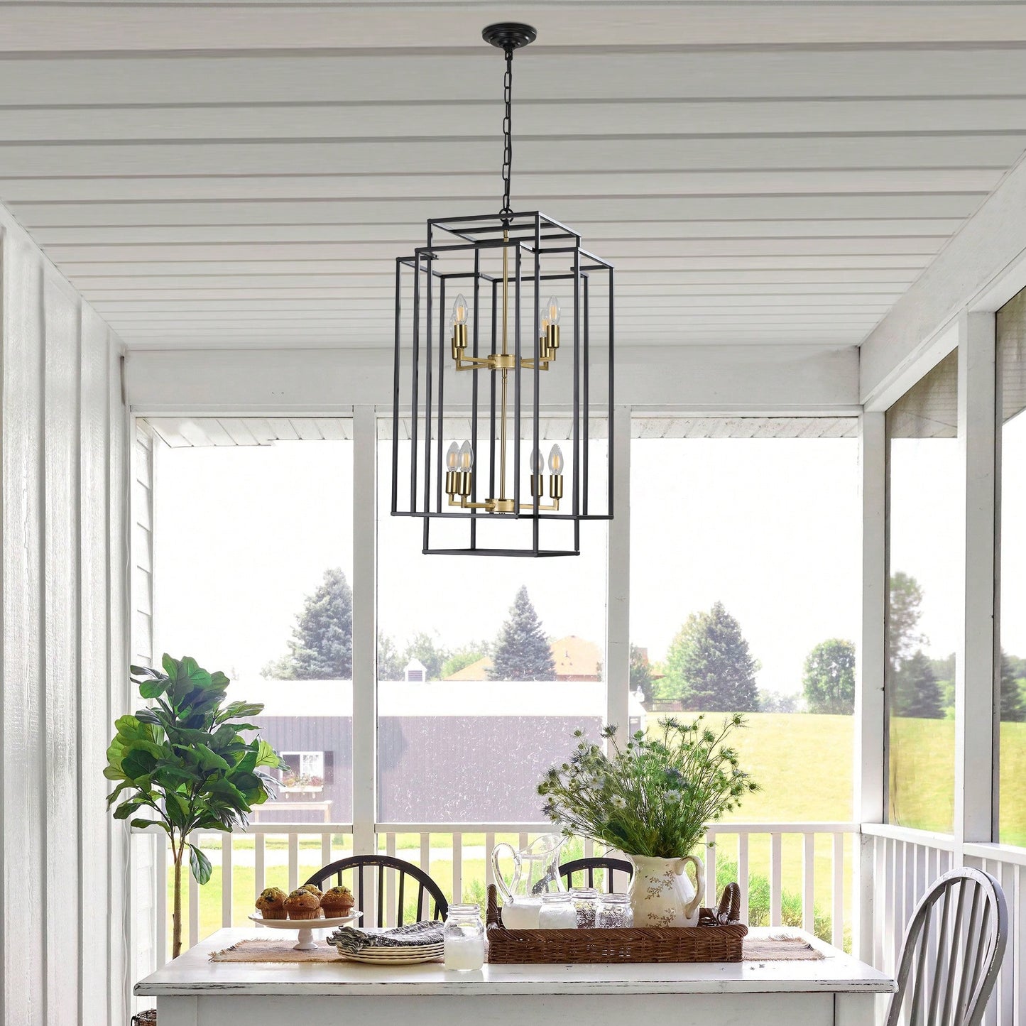 8-Light Black Tiered Lantern Pendant Chandelier Industrial Farmhouse Hanging Light Fixture