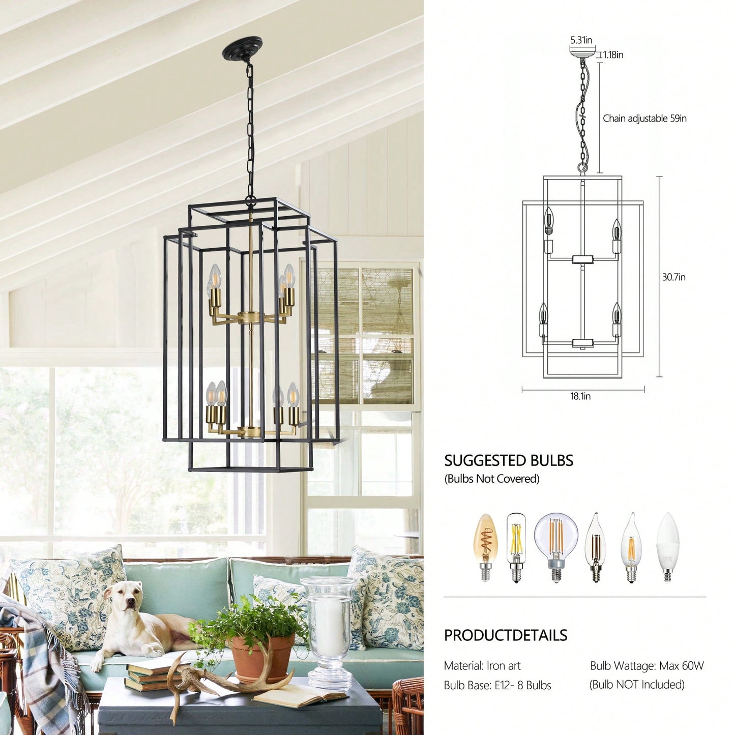 8-Light Black Tiered Lantern Pendant Chandelier Industrial Farmhouse Hanging Light Fixture