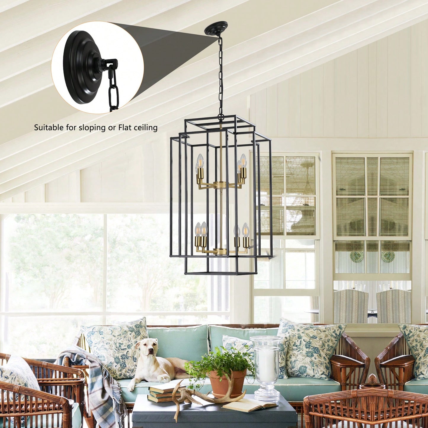 8-Light Black Tiered Lantern Pendant Chandelier Industrial Farmhouse Hanging Light Fixture