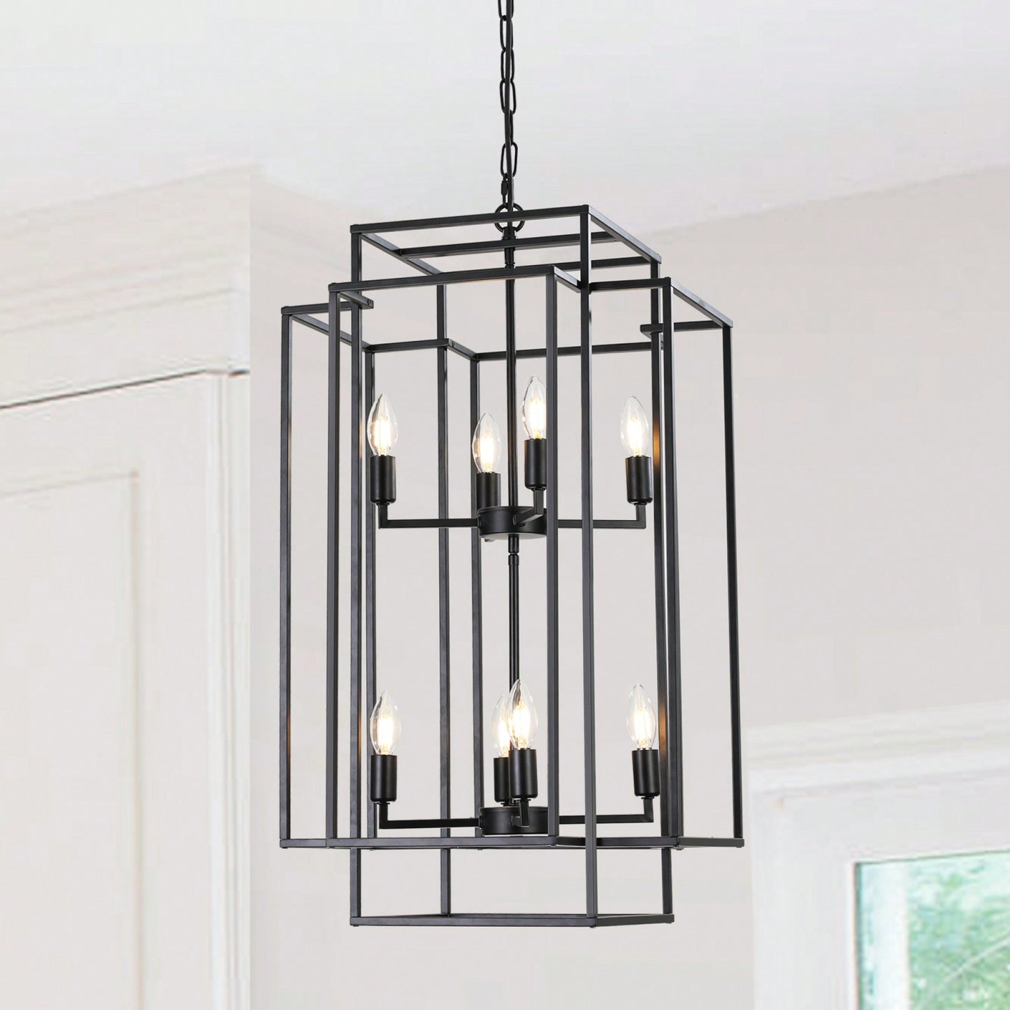 8-Light Black Tiered Lantern Pendant Chandelier Industrial Farmhouse Hanging Light Fixture