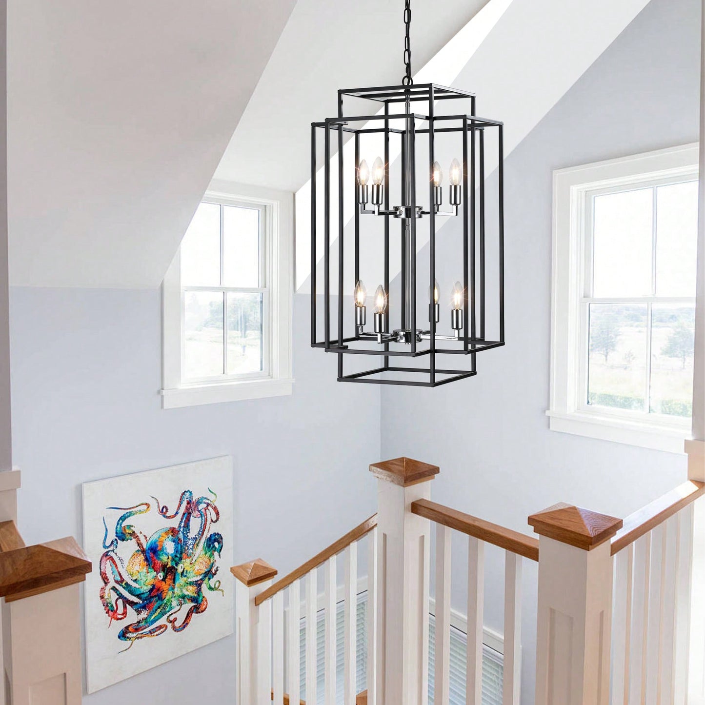 8-Light Black Tiered Lantern Pendant Chandelier Industrial Farmhouse Hanging Light Fixture