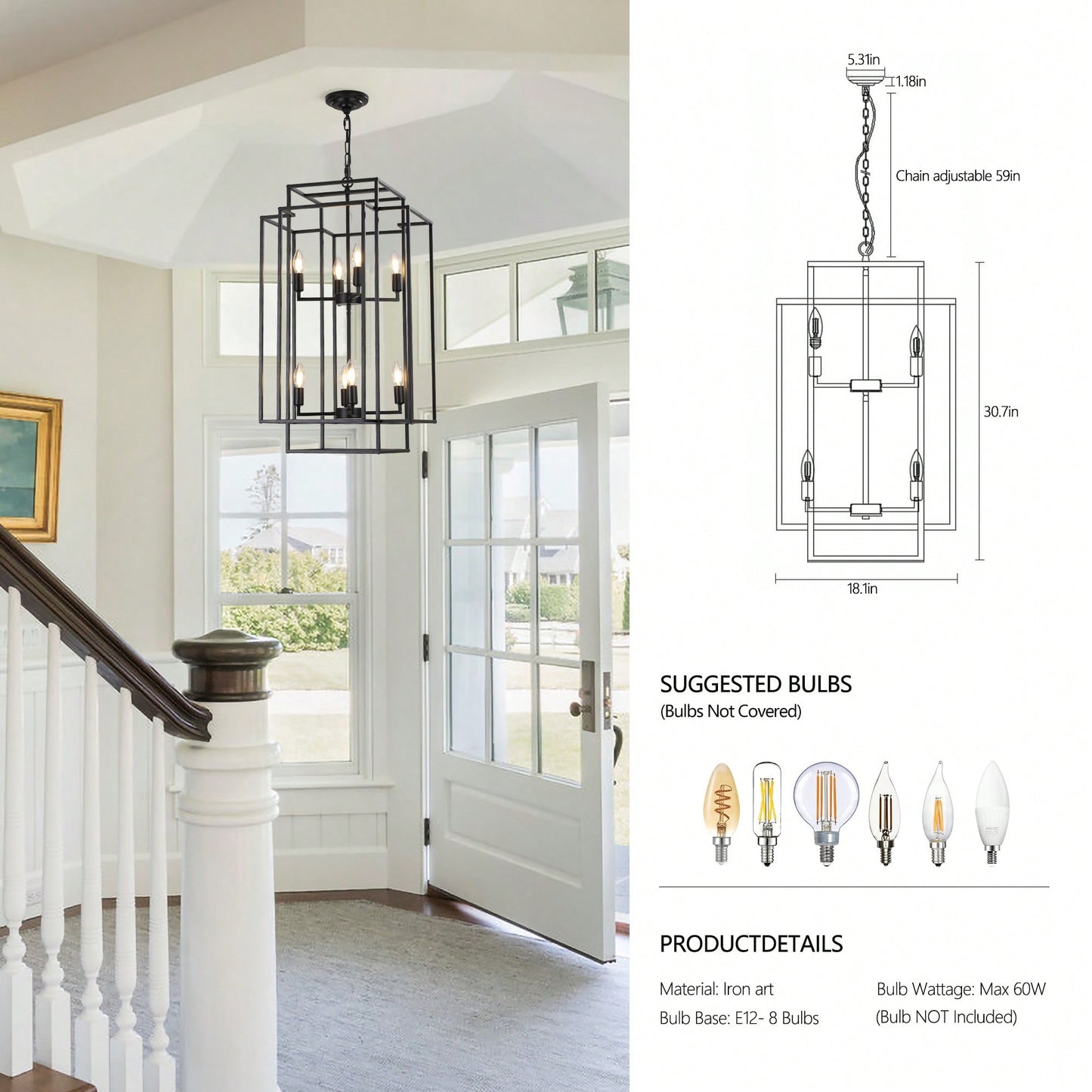8-Light Black Tiered Lantern Pendant Chandelier Industrial Farmhouse Hanging Light Fixture