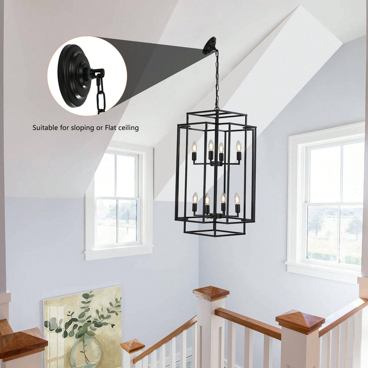 8-Light Black Tiered Lantern Pendant Chandelier Industrial Farmhouse Hanging Light Fixture
