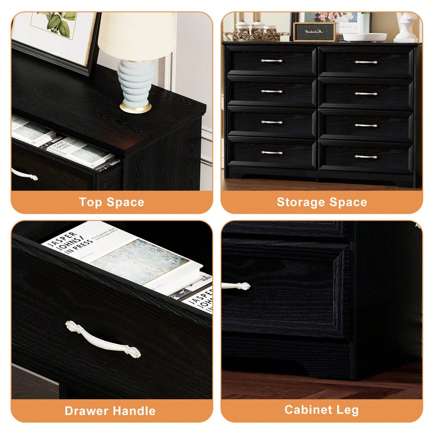 Modern 8 Drawer Dresser With Metal Pulls For Bedroom And Living Room Storage, Black