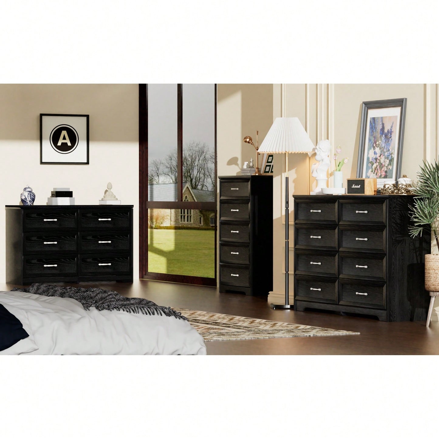 Modern 8 Drawer Dresser With Metal Pulls For Bedroom And Living Room Storage, Black