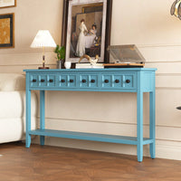 Rustic 60 Inch Entryway Console Table With Two Drawer Sizes And Bottom Storage Shelf In Turquoise Green