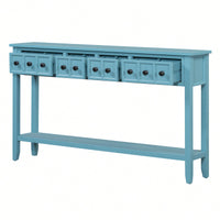 Rustic 60 Inch Entryway Console Table With Two Drawer Sizes And Bottom Storage Shelf In Turquoise Green